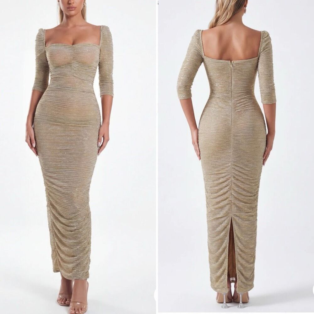 Miss Circle Sorrel Gold Ruched Chiffon Long Maxi Dress Formal Gown $250 M